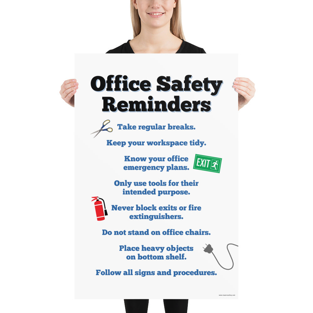 An office safety poster with large text saying "Office Safety Reminders" with a list underneath it of various office safety tips.