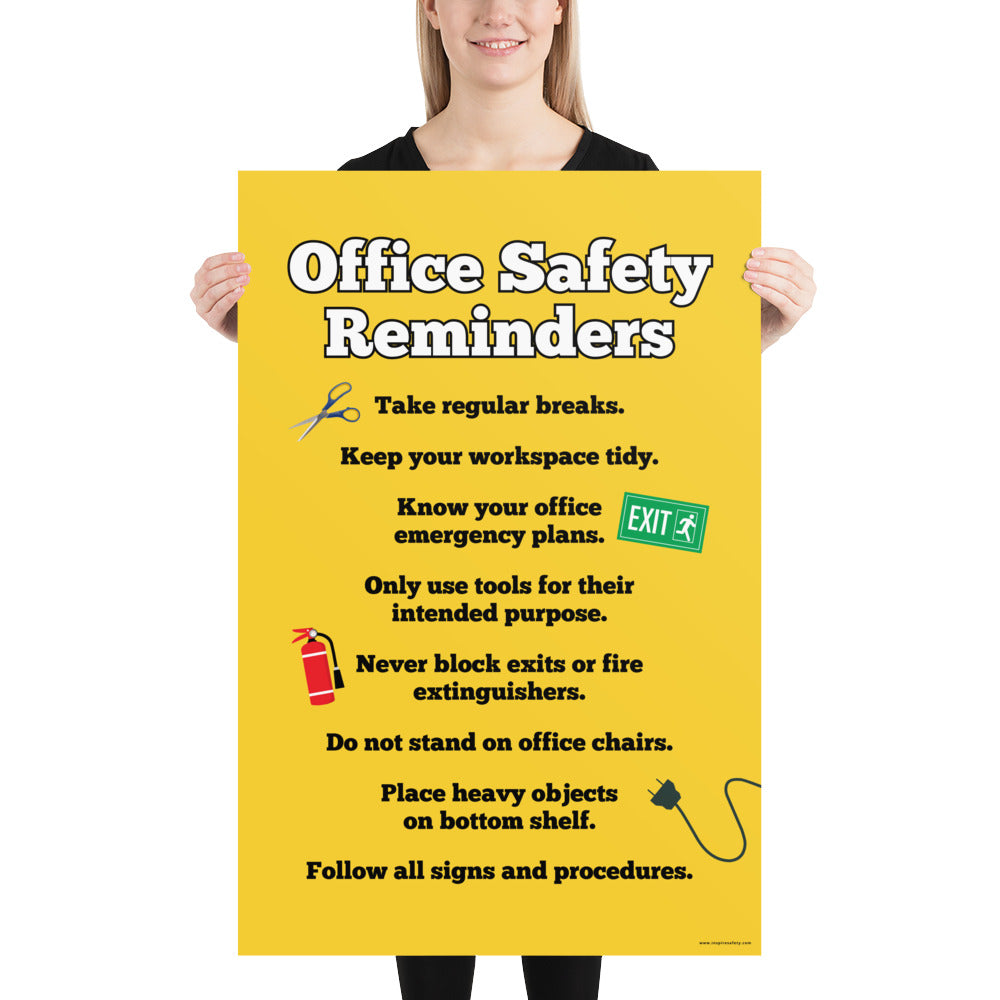 An office safety poster with a bright yellow background and large text saying "Office Safety Reminders" with a list underneath it of various office safety tips.