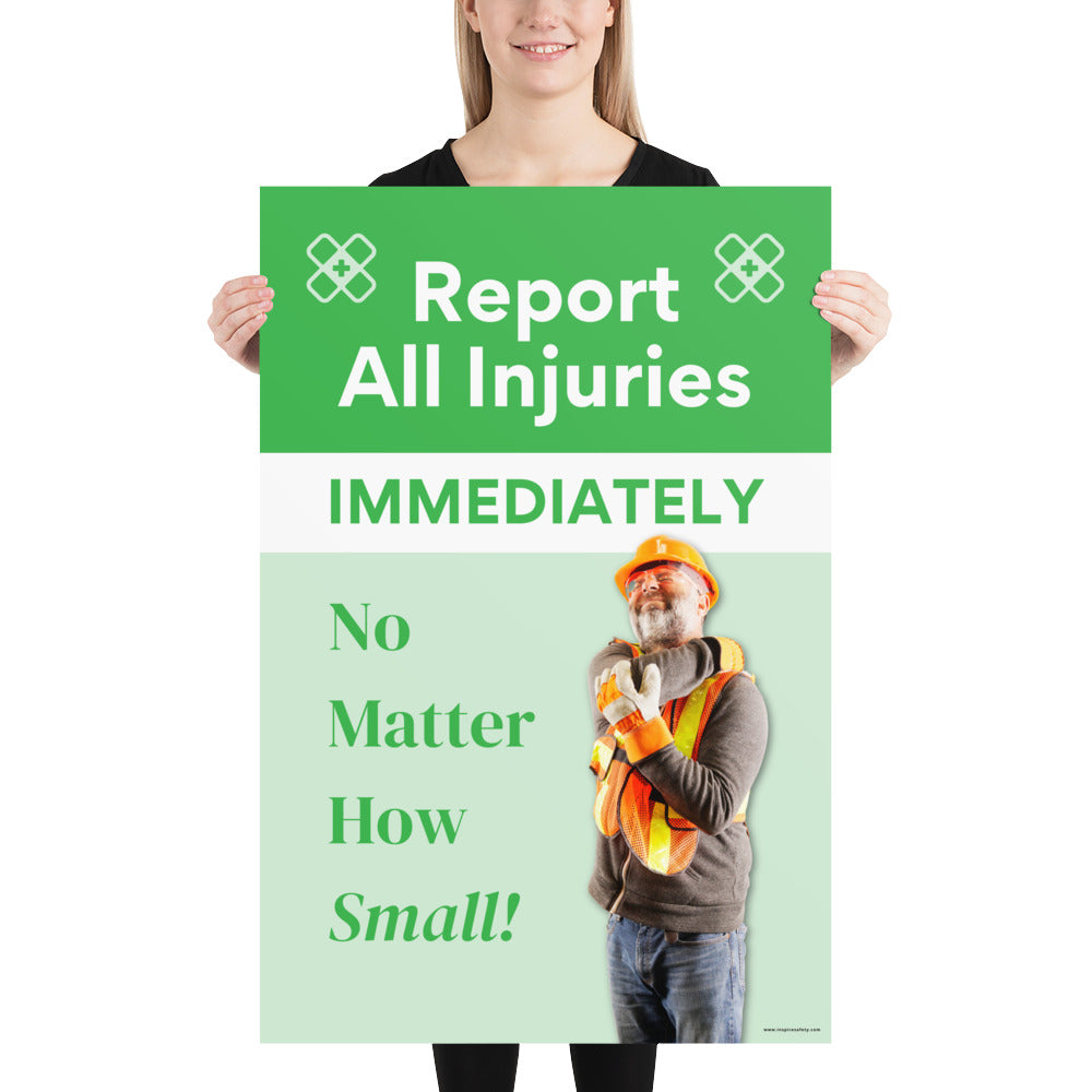 A construction safety poster with a bright green background with a man in construction PPE wincing in pain with large text saying "Report All Injuries Immediately, No Matter How Small!"