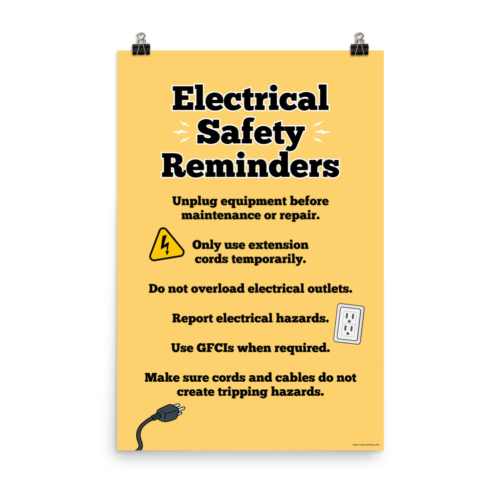 A workplace safety poster with a light gold background and large text saying "Electrical Safety Reminders" with a list underneath it of various electrical safety tips.