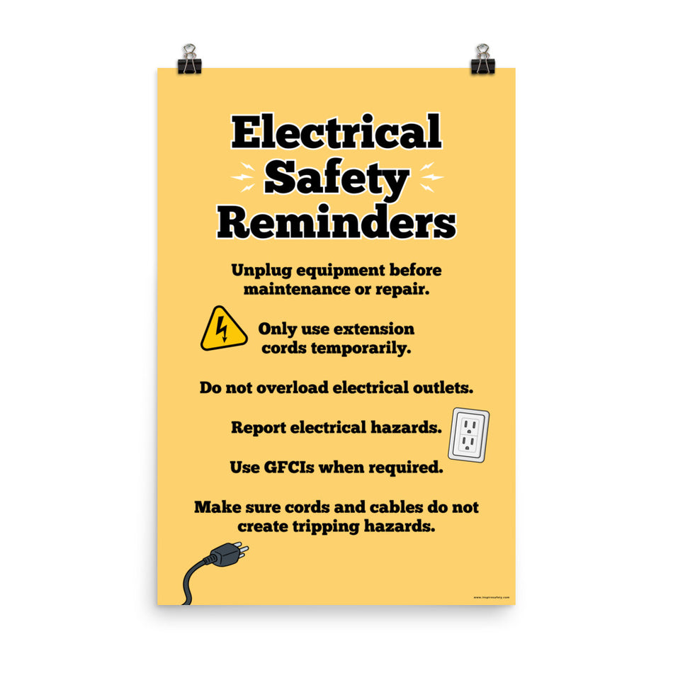 A workplace safety poster with a light gold background and large text saying "Electrical Safety Reminders" with a list underneath it of various electrical safety tips.