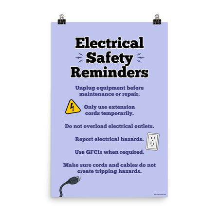 A workplace safety poster with a light purple background and large text saying "Electrical Safety Reminders" with a list underneath it of various electrical safety tips.