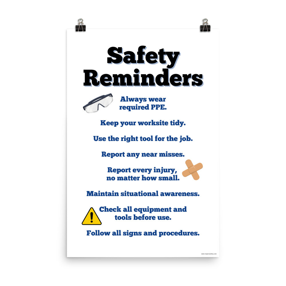 A workplace safety poster with a light tan background and large text saying "Safety Reminders" with a list underneath it of various workplace safety tips.