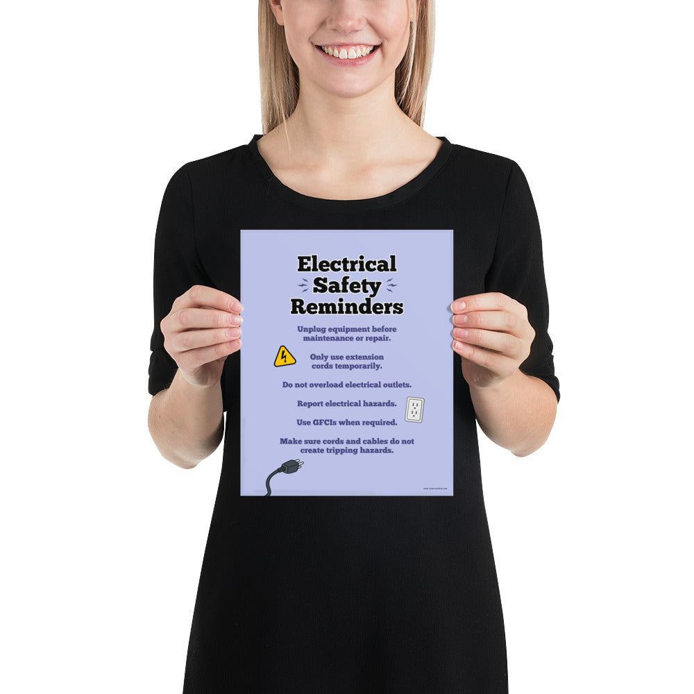 A workplace safety poster with a light purple background and large text saying "Electrical Safety Reminders" with a list underneath it of various electrical safety tips.