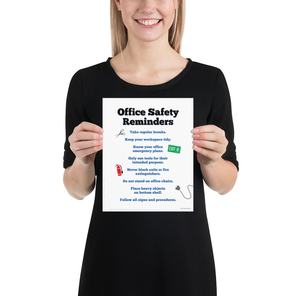 An office safety poster with large text saying "Office Safety Reminders" with a list underneath it of various office safety tips.