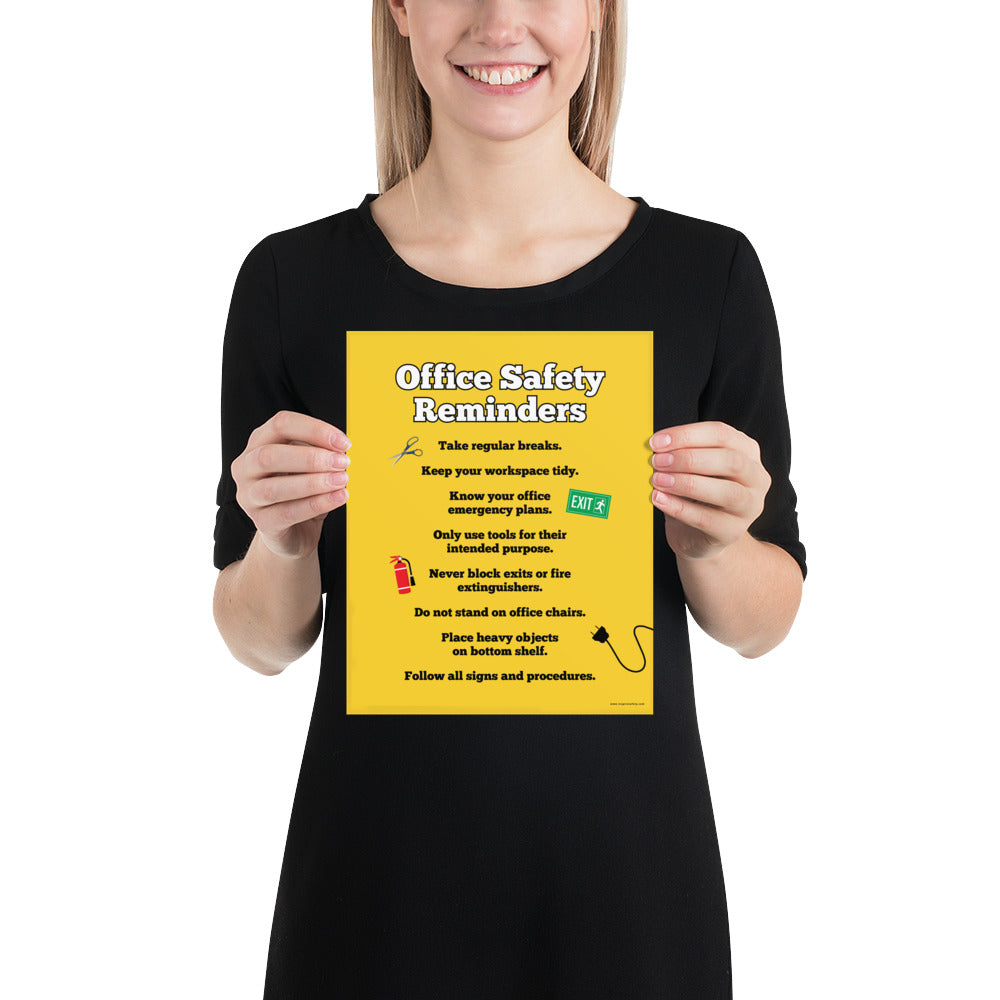 An office safety poster with a bright yellow background and large text saying "Office Safety Reminders" with a list underneath it of various office safety tips.