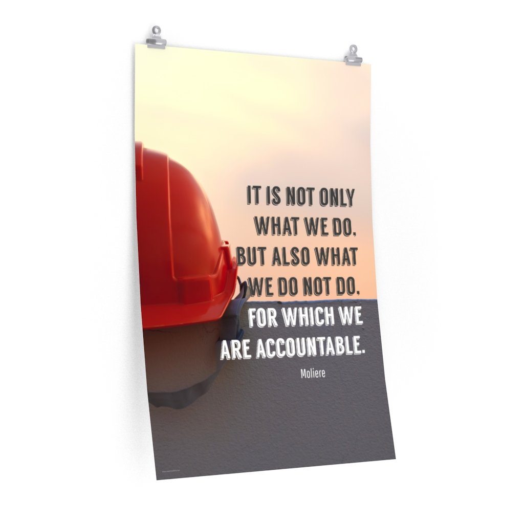 Safety poster showing a bright red hard hat sitting on concrete with sunny sky in background and a safety quote written in bold letters.