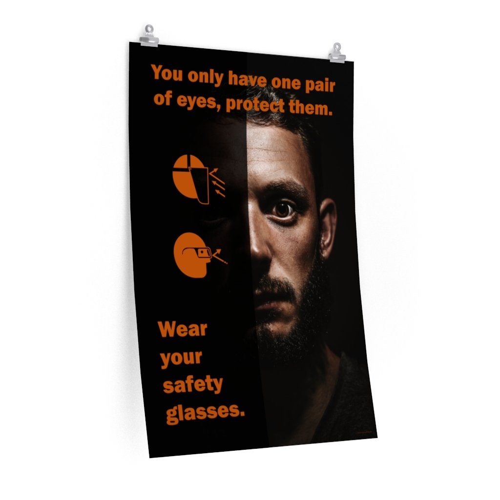 An eye safety poster of a close up of a mans face with his eyes wide open with text and PPE infographics covering his left eye.