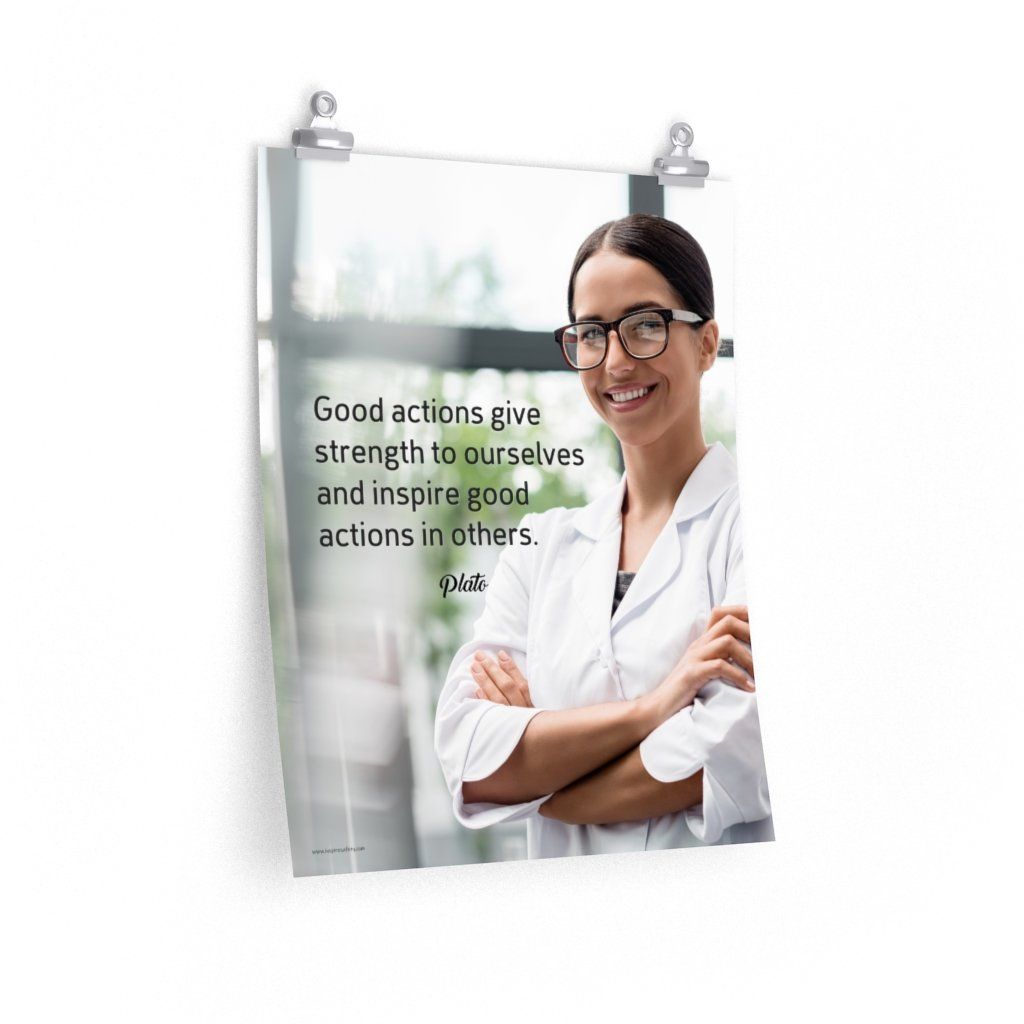 Safety poster showing a woman in a white lab coat and glasses smiling with arms crossed in a laboratory and a safety quote written to the left.
