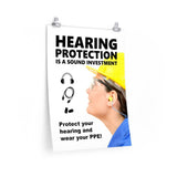An ear safety poster showing a close up of a woman's profile wearing a yellow hard hat, ear plugs and safety glasses with a safety slogan and infographics of hearing PPE all around her.
