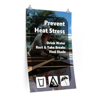A heat stress safety poster depicting a construction worker working outside in the heat with text and infographics in the foreground depicting water, rest, and shade.
