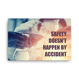 Safety poster showing a close up of 3 hands wearing gloves holding glass beakers and a safety slogan written in bottom right corner.