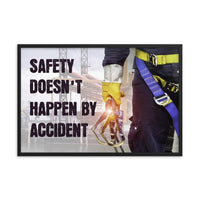 Safety poster that shows a construction worker wearing fall protection equipment with bridge in the background and a safety slogan in bold letters.