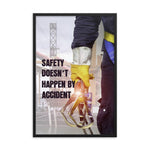 Safety poster that shows a construction worker wearing fall protection equipment with bridge in the background and a safety slogan in bold letters.