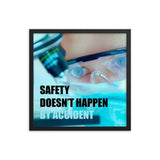 Safety poster of a close up of a woman's eyes wearing safety glasses inspecting a sample on a microscope with safety slogan written at the bottom.