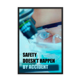 Safety poster of a close up of a woman's eyes wearing safety glasses inspecting a sample on a microscope with safety slogan written at the bottom.