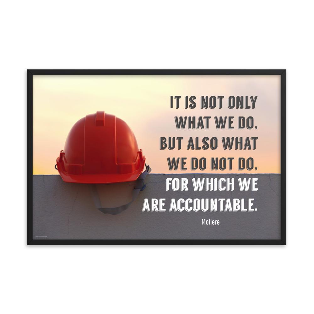 Safety poster showing a bright red hard hat sitting on concrete with sunny sky in background and a safety quote written in bold letters.