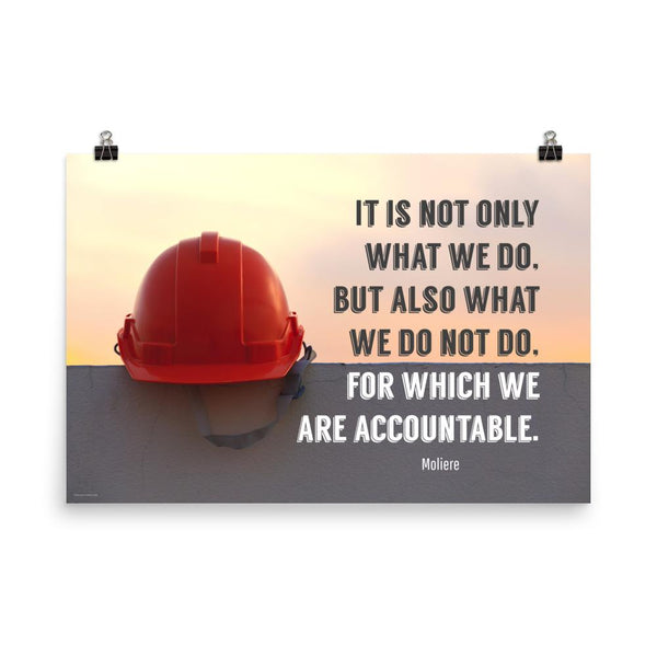 Safety poster showing a bright red hard hat sitting on concrete with sunny sky in background and a safety quote written in bold letters.