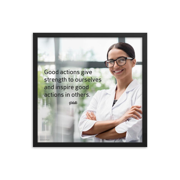 Safety poster showing a woman in a white lab coat and glasses smiling with arms crossed in a laboratory and a safety quote written to the left.