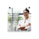 Safety poster showing a woman in a white lab coat and glasses smiling with arms crossed in a laboratory and a safety quote written to the left.