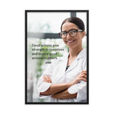 Safety poster showing a woman in a white lab coat and glasses smiling with arms crossed in a laboratory and a safety quote written to the left.
