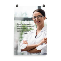 Safety poster showing a woman in a white lab coat and glasses smiling with arms crossed in a laboratory and a safety quote written to the left.