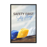 A workplace safety poster showing a white, a yellow, and a blue hardhat sitting on a wall with the slogan safety first, safety always.