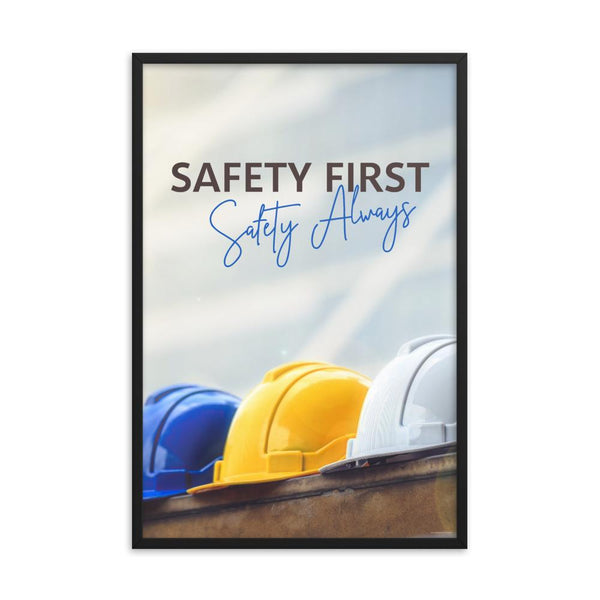 A workplace safety poster showing a white, a yellow, and a blue hardhat sitting on a wall with the slogan safety first, safety always.