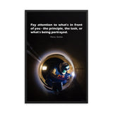 Safety poster of a welder in safety gear and hood sitting inside a large pipe; they are welding with bright sparks flying and a safety quote in white text at the top.