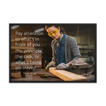 Workplace safety poster of a young female woodworker wearing safety glasses and gloves and sanding a two by four in her shop with a safety quote to the left.