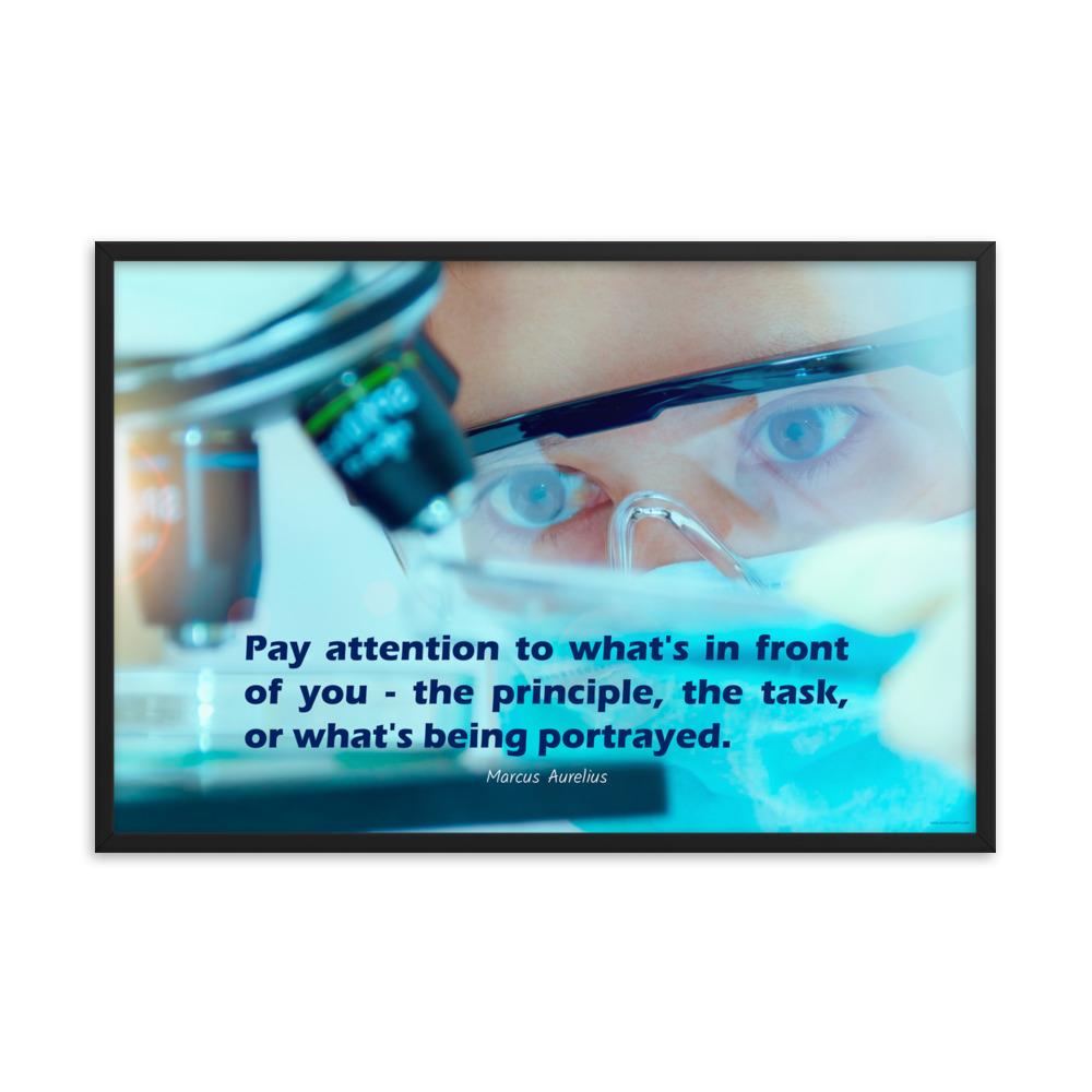 Workplace safety poster of a close up of a woman's eyes wearing safety glasses inspecting a sample on a microscope with safety quote written at the bottom.