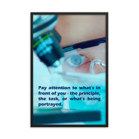Workplace safety poster of a close up of a woman's eyes wearing safety glasses inspecting a sample on a microscope with safety quote written at the bottom.