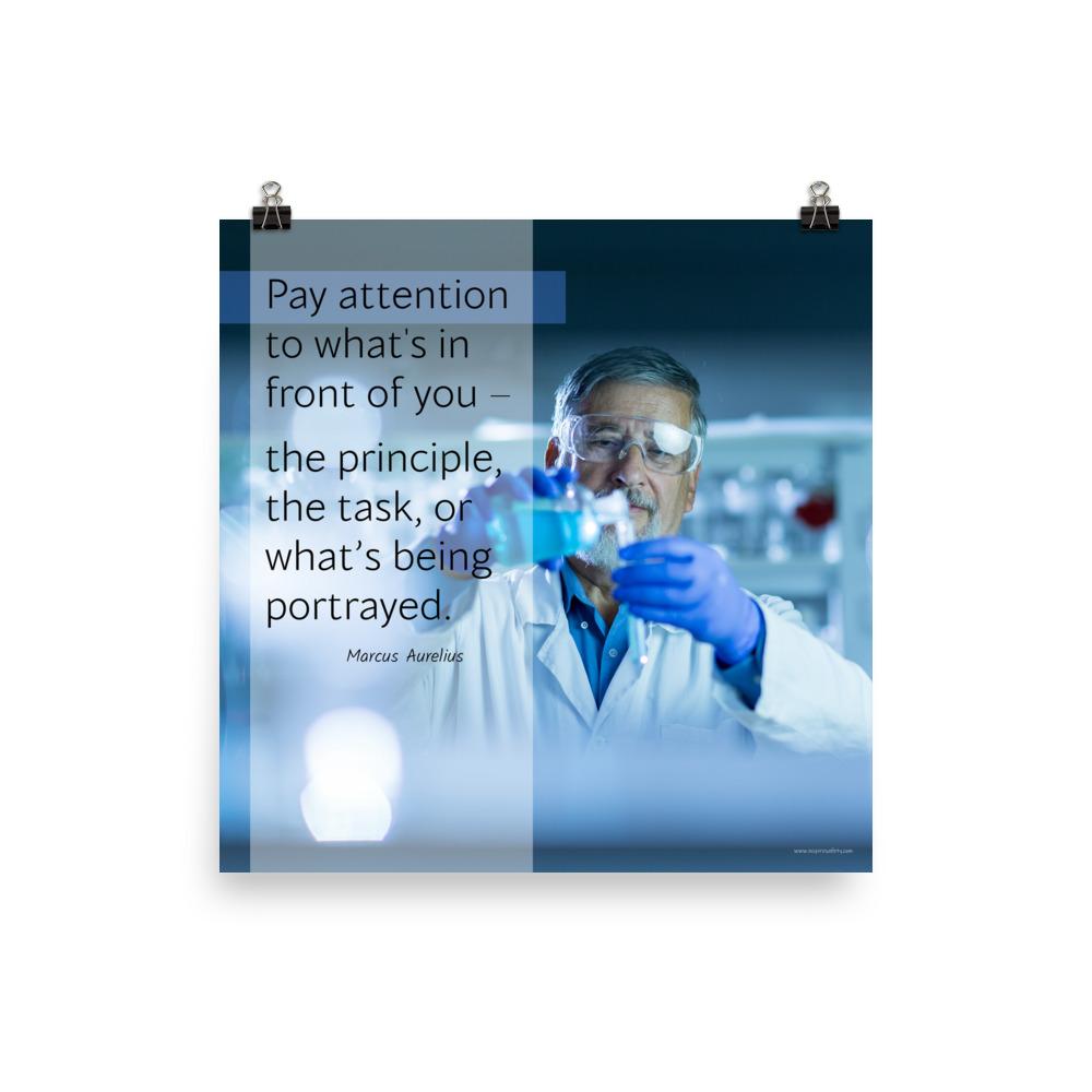 Safety poster showing an older man wearing a white lab coat, gloves, and safety glasses, working in a laboratory with a safety quote to his left.