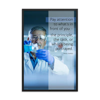Safety poster showing an older man wearing a white lab coat, gloves, and safety glasses, working in a laboratory with a safety quote to his left.