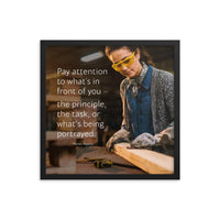 Workplace safety poster of a young female woodworker wearing safety glasses and gloves and sanding a two by four in her shop with a safety quote to the left.