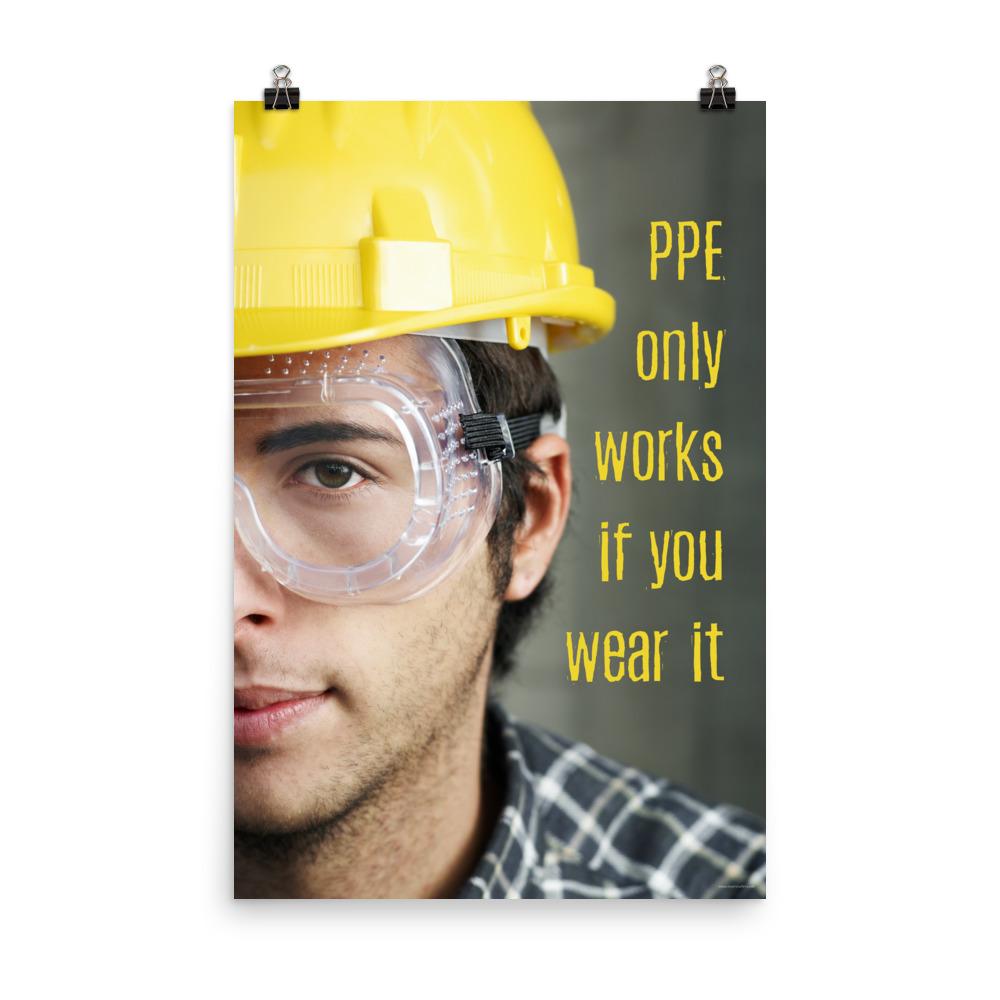 An eye safety poster showing a close up of half of a man's face wearing a yellow hard hat and safety goggles with a an eye safety slogan to the right.
