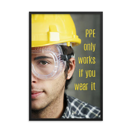 An eye safety poster showing a close up of half of a man's face wearing a yellow hard hat and safety goggles with a an eye safety slogan to the right.