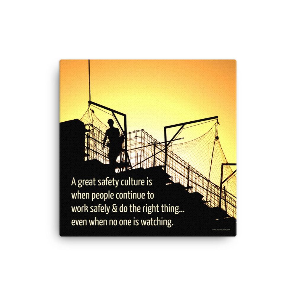 A construction safety poster showing the silhouette of a construction worker working on a building with a bright yellow sunset in the background and a safety slogan in the bottom left corner.