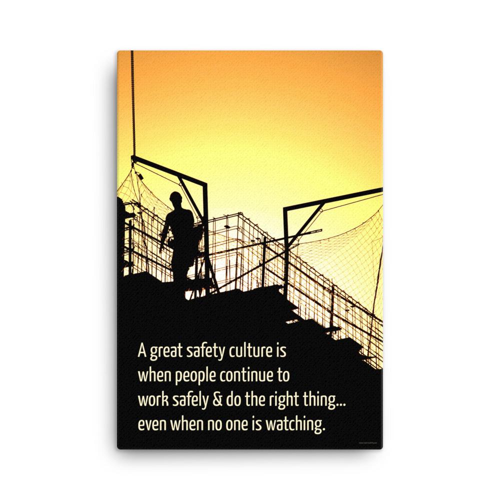 A construction safety poster showing the silhouette of a construction worker working on a building with a bright yellow sunset in the background and a safety slogan in the bottom left corner.