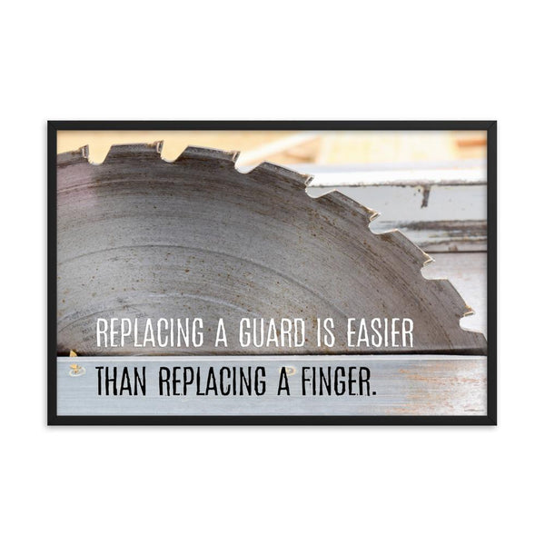 A workplace safety poster depicting a close up of a table saw blade in a workshop with a safety slogan on the bottom half of poster.