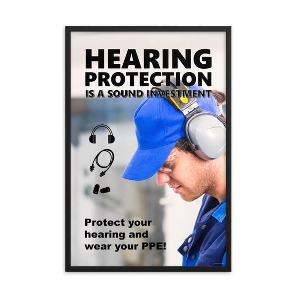 An ear safety poster showing a close up of a man's profile wearing ear muffs and safety glasses with a safety slogan and infographics of hearing PPE all around him.