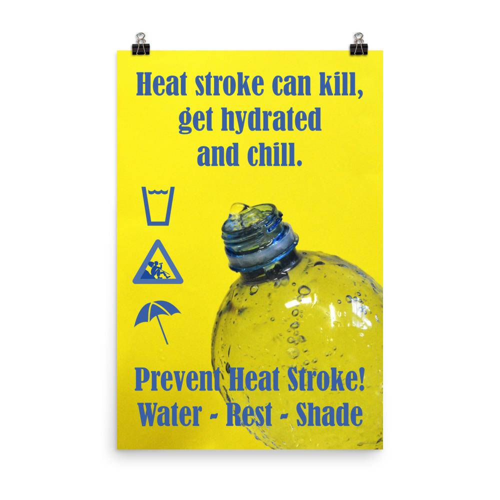 A neon yellow heat stress safety poster with bright blue text and infographics all around a close up of an opening of a water bottle.