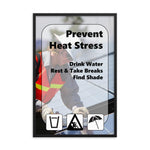 A heat stress safety poster with a construction worker working outside in the heat with text and infographics in the foreground depicting water, rest, and shade.