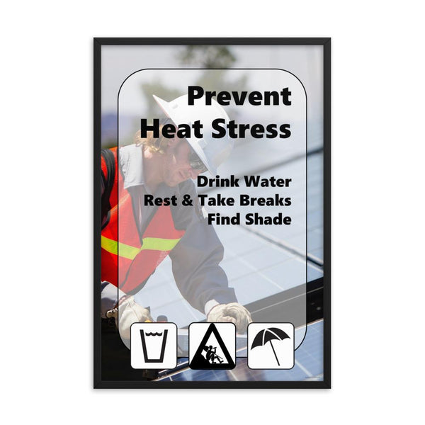 A heat stress safety poster with a construction worker working outside in the heat with text and infographics in the foreground depicting water, rest, and shade.