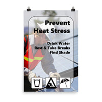 A heat stress safety poster with a construction worker working outside in the heat with text and infographics in the foreground depicting water, rest, and shade.