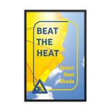 A heat stress safety poster depicting a bright yellow umbrella with a bright blue sky in the background with safety slogan text and an infographic portraying someone resting.