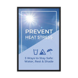 A heat stress safety poster depicting a bright blue sky in the background with text that appears to be reflecting in the hot sun and an infographic portraying water, shade, and rest.