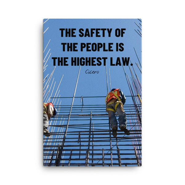A safety poster showing construction workers scaling rebar with a bright blue sky as the background and a safety quote in black block text.