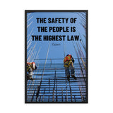 A safety poster showing construction workers scaling rebar with a bright blue sky as the background and a safety quote in black block text.