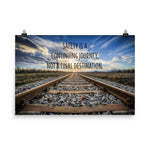A workplace safety poster depicting old railroad tracks leading into a cloudy horizon with the text safety is a continuing journey, not a final destination.